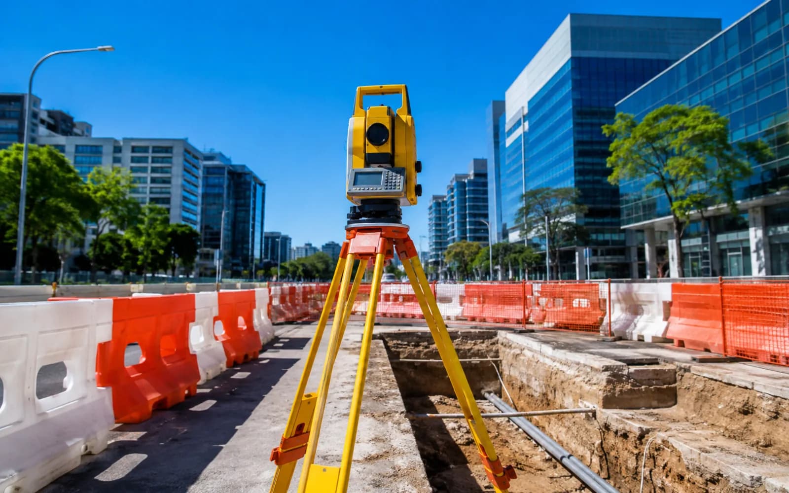 A surveying instrument beside an open trench at a street works site